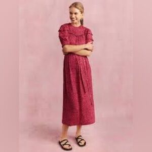 Boden pink & red Yoke detail viscose ruffle trim puff sleeve midi dress, size 2.